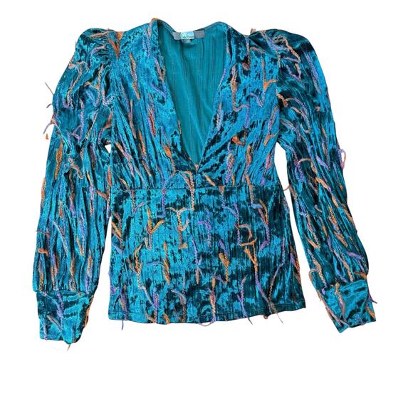 Eva Franco blue velvet textured‎ v neck blouse long sleeve - Picture 1 of 6